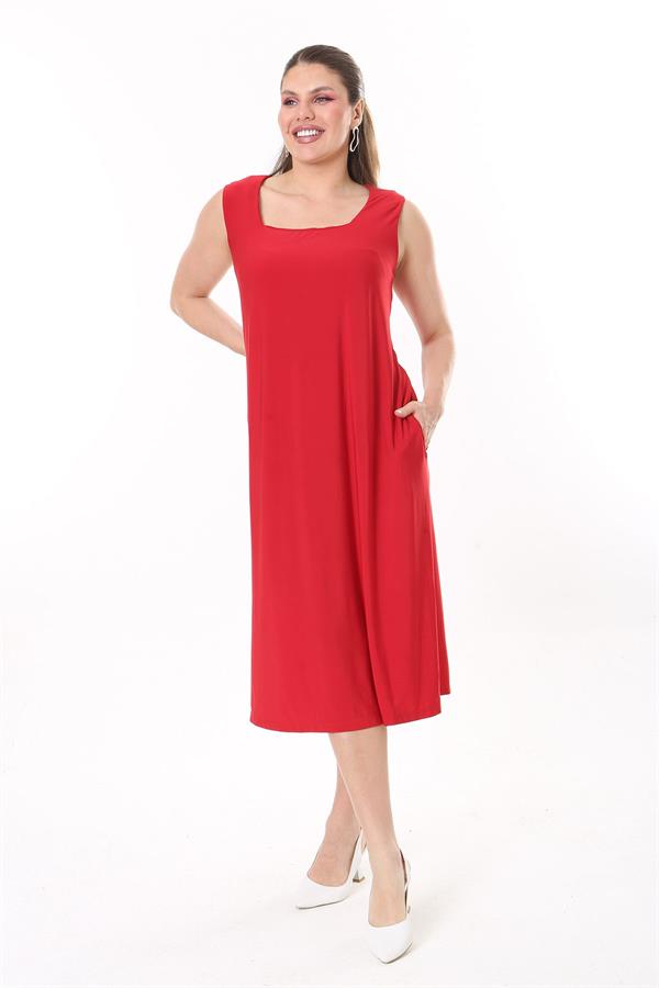 Kadın Büyük Beden Kırmızı Kare Yakalı Kolsuz Uzun Elbise 65N37738