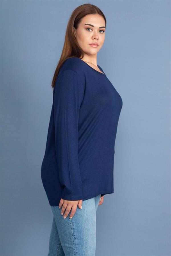 Kadın Büyük Beden Lacivert Pamuklu Kumaş Bisiklet Yakalı Uzun Kollu Bluz 65N37715