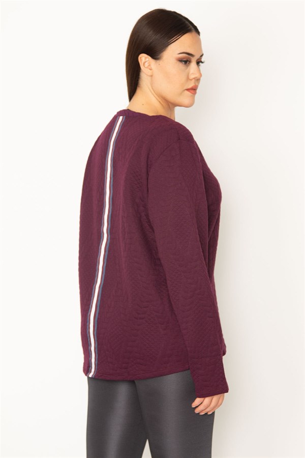 KADIN LACİVERT V YAKALI ARKA ŞERİT DETAYLI KENDİNDEN DESENLİ TUNİK