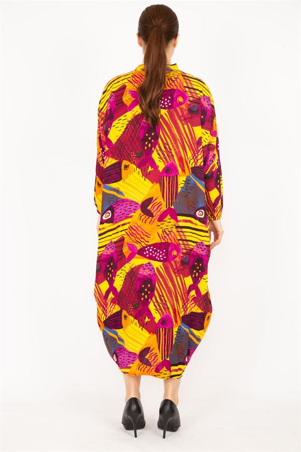 Kadın Fujya Büyük Beden Dokuma Viskon Kumaş Ön Boy Düğmeli Elbise