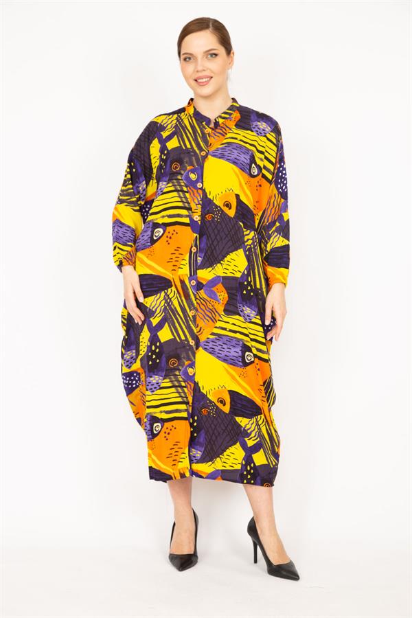 Kadın Fujya Büyük Beden Dokuma Viskon Kumaş Ön Boy Düğmeli Elbise