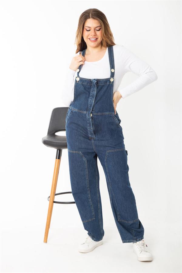 Salopette en jean bleu marine pour femme, boutonnée et à bretelles dissimulées, 65N37372