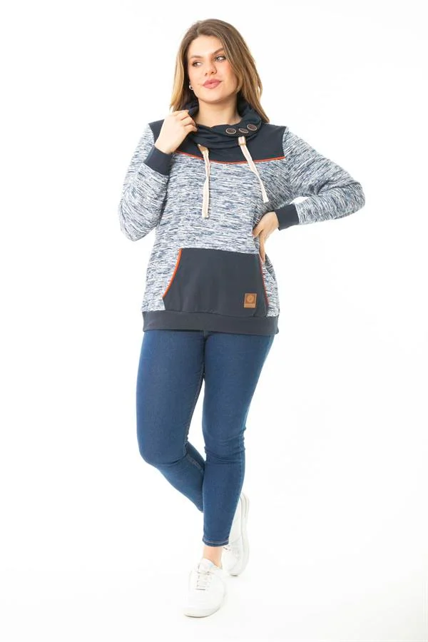 Kadın Büyük Beden Kuşgözü Bağcık Ve Süs Düğme Detaylı Kanguru Cepli Dik Yaka Sweatshirt 65N37122