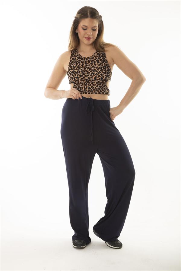 Kadın Büyük Beden Lacivert Beli Lastik Ve Bağcıklı Cepsiz Rahat Kesim Eşofman Alt 65N37060