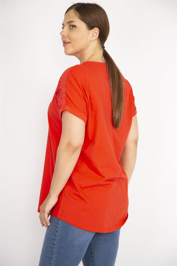 Kadın Beyaz Büyük Beden Pamuk Kumaş Robası Tül Aplike Uzun Bluz