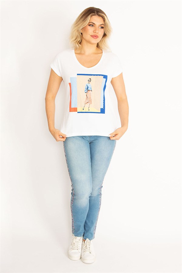 Kadın Beyaz Pamuklu Kumaş Ön Baskılı V Yakalı Bluz 65N34719