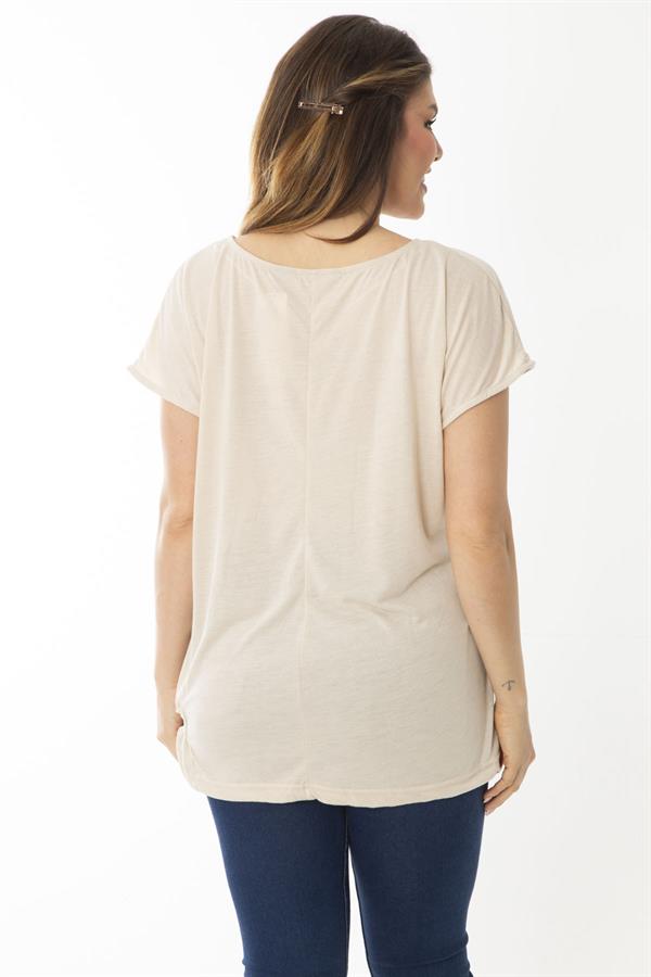 Kadın Büyük Beden Vizon Etek Ucu Bağcıklı Düşük Kollu Bluz 65N37031