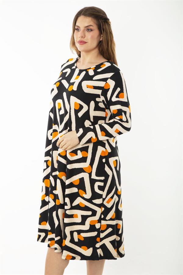 Kadın Büyük Beden Renkli Uzun Kollu Desenli Elbise 65N37191