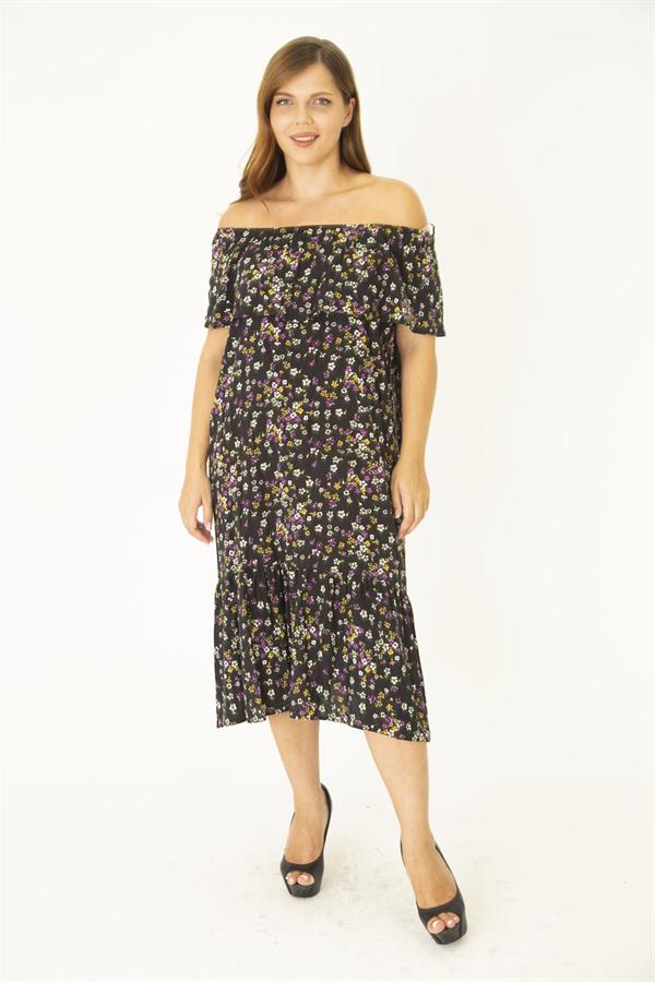 Kadın Büyük Beden Renkli Dokuma Viskon Kumaş Yakası Lastik Ve Volan Detaylı Elbise 65N36916