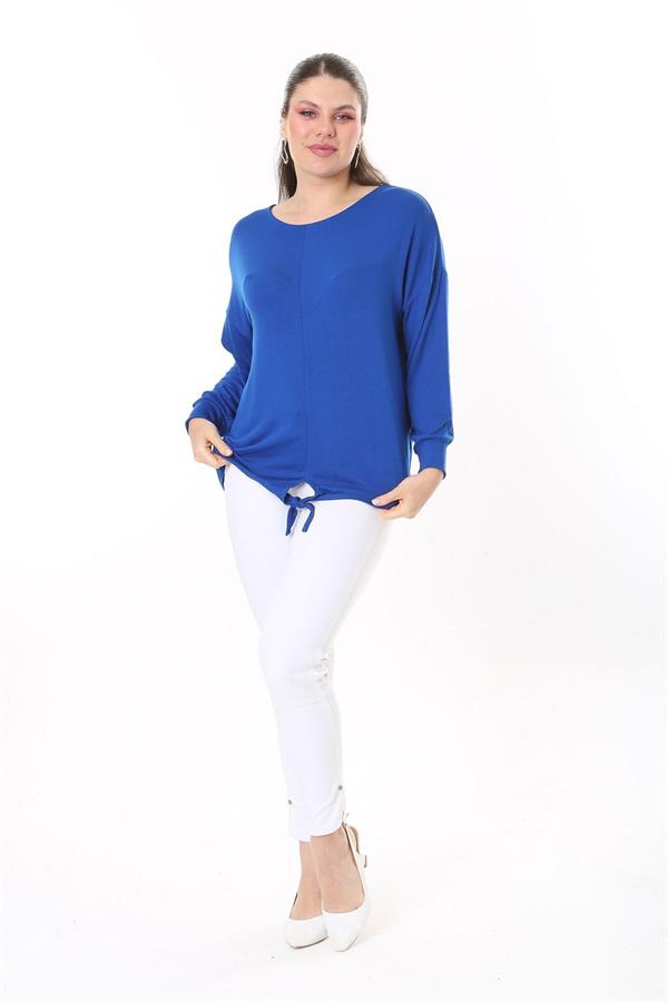 Kadın Büyük Beden Saks Önden Bağlamalı Uzun Kollu Bluz 65N37695