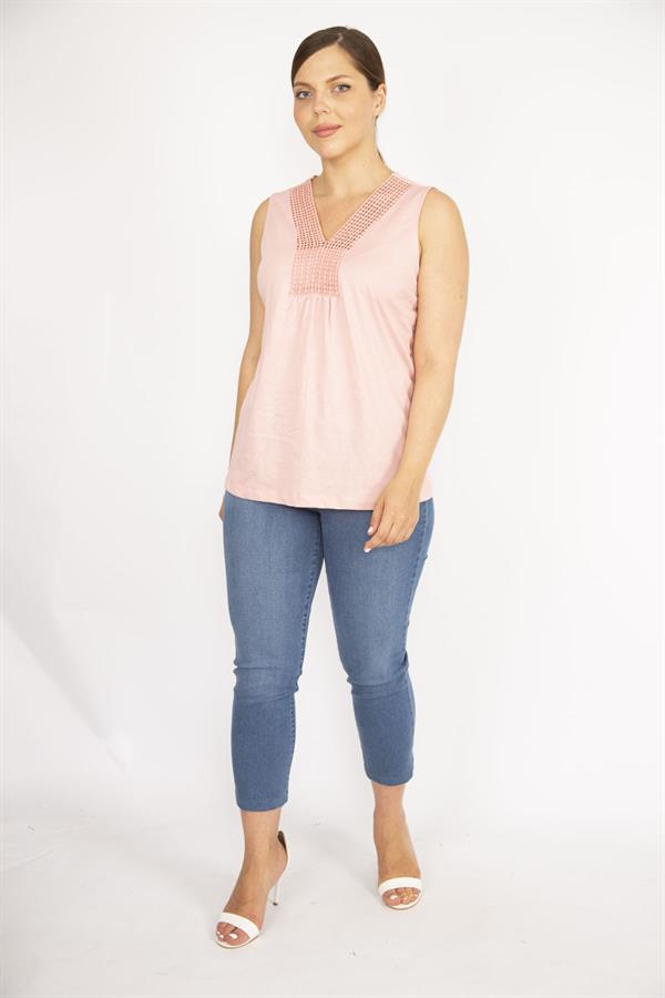 Kadın Kemik Büyük Beden Pamuklu Kumaş Yakası Dantel Detaylı Bluz