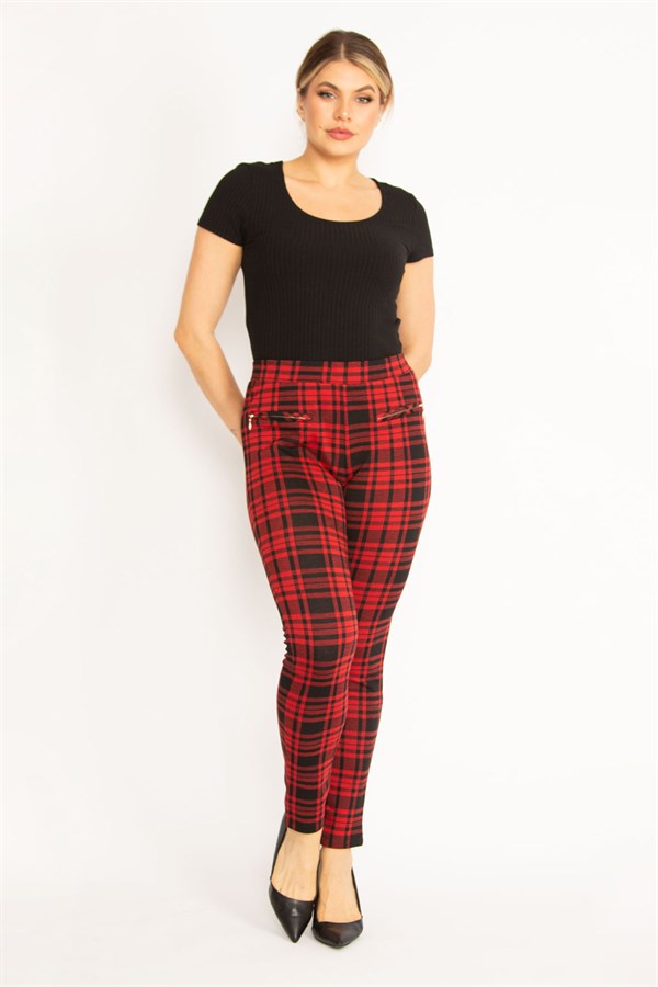 Kadın Kırmızı Ekose Desenli Süs Fermuar Cepli Tayt 65N34640