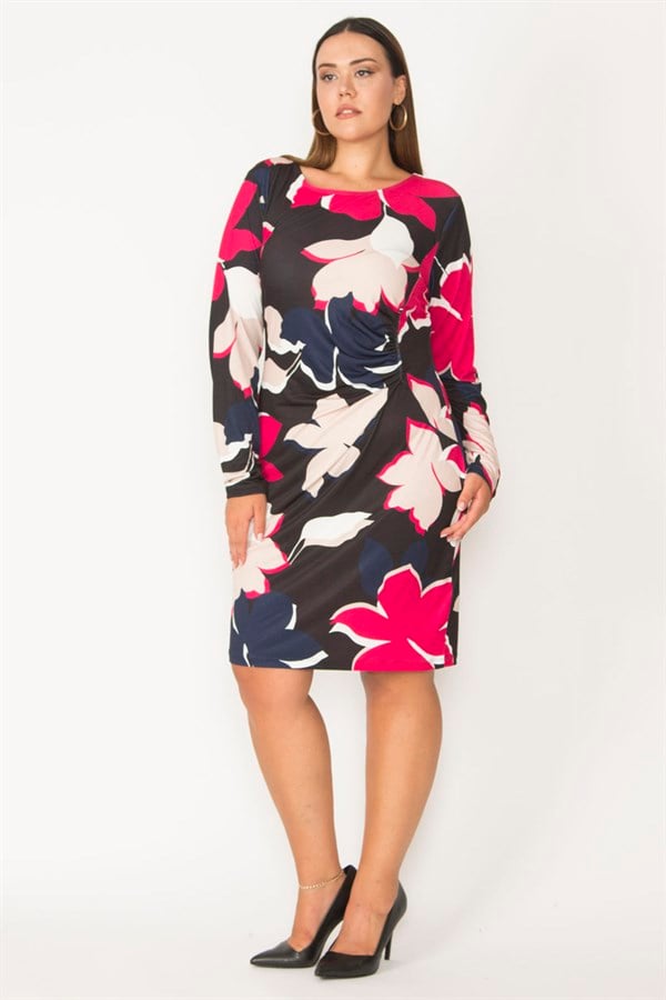 KADIN BEL DETAYLI BİSİKLET YAKALI UZUN KOLLU RENKLİ JARSE ELBİSE