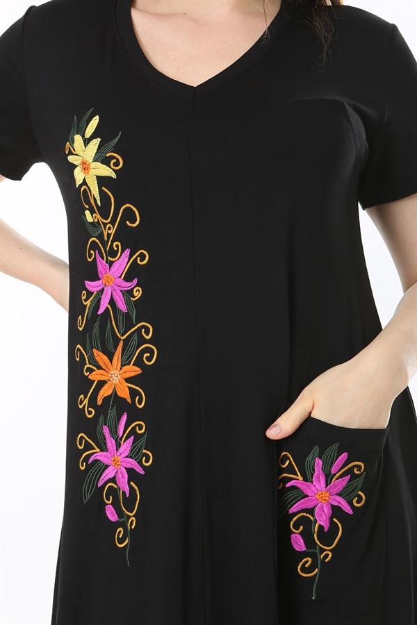 Kadın Büyük Beden Siyah Nakış Detaylı V Yakalı Cepli Elbise 65N37962