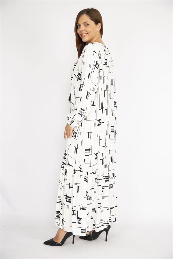 Kadın Beyaz Büyük Beden Dokuma Viskon Kumaş Etek Ucu Katlı Uzun Kollu Elbise
