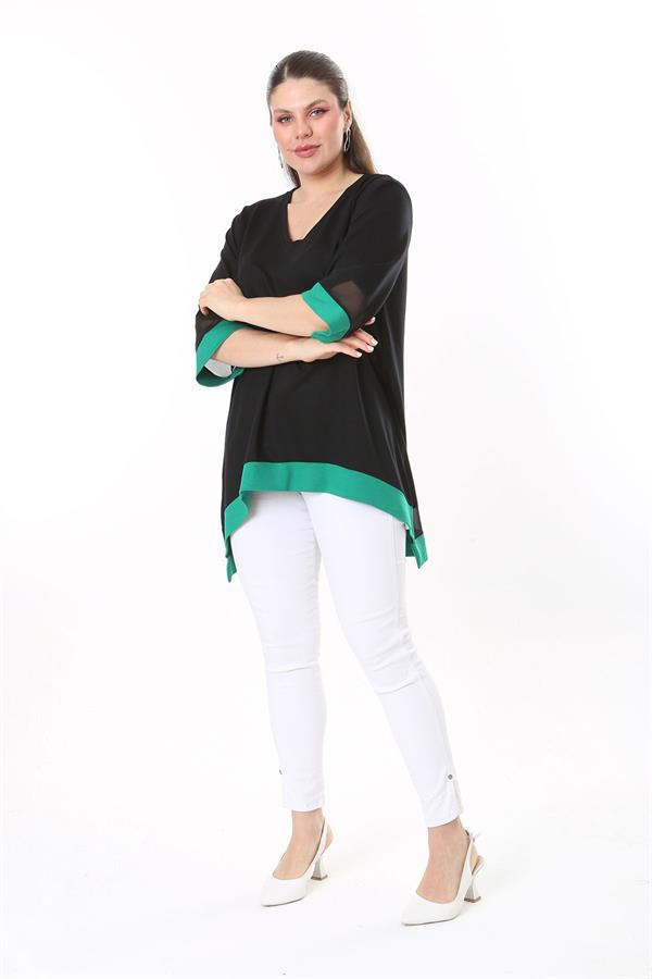 Kadın Büyük Beden Kemik Kol Ve Etek Ucu Tül Ve Garni Detaylı V Yakalı Arkası Uzun Tunik 65N37681