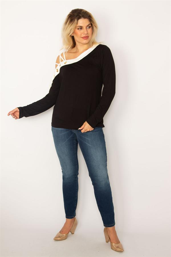 BLOUSE BICOLORE NOIRE POUR FEMME AVEC DÉTAILS ŒILLETS