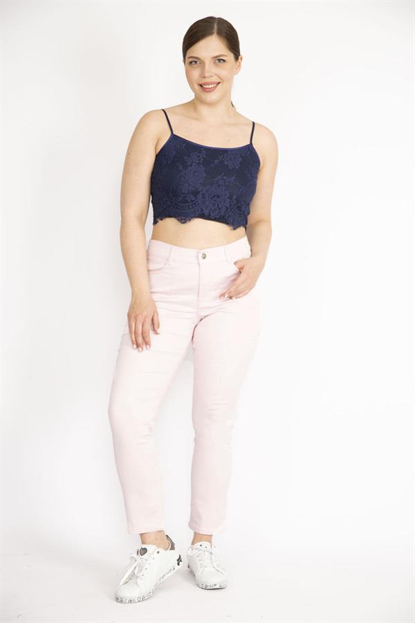 Kadın Pembe Büyük Beden 5 Cepli Likralı Gabardin Kumaş Pantolon