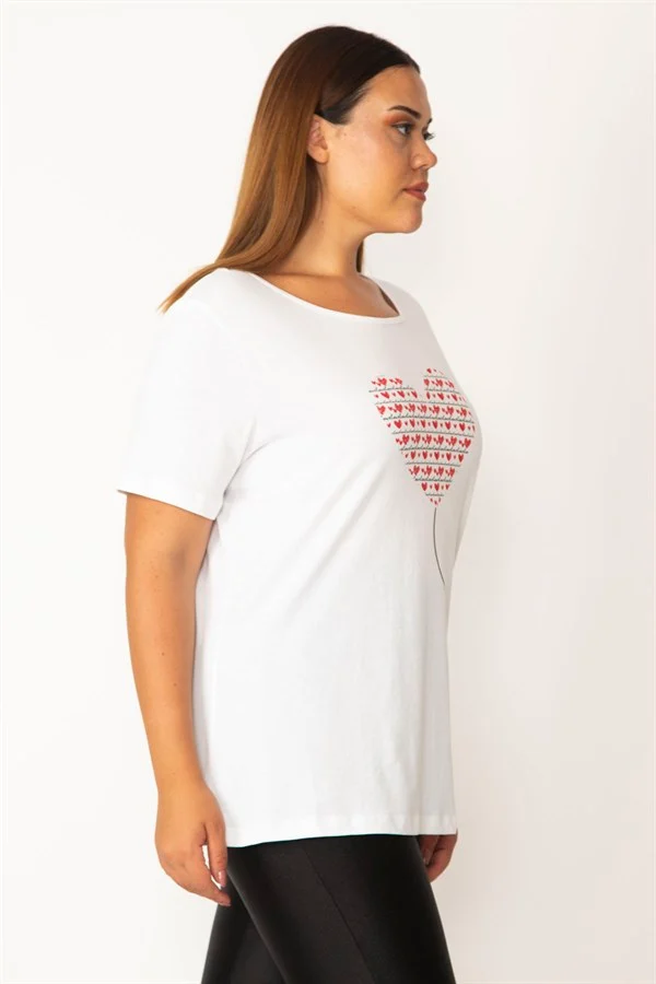 Kadın Beyaz Pamuklu Kumaş Kalp Baskılı Bluz 65N28156