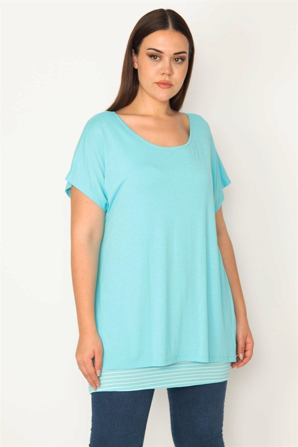 KADIN MAVİ İÇİ ÇİZGİLİ ATLETLİ DÜŞÜK KOLLU BLUZ