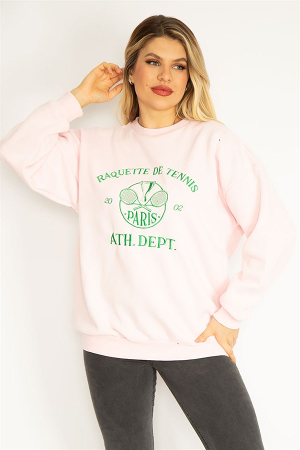 Kadın Pembe 3 İplik İçi Şardonlu Polar Nakışlı Sweatshirt 65N35073