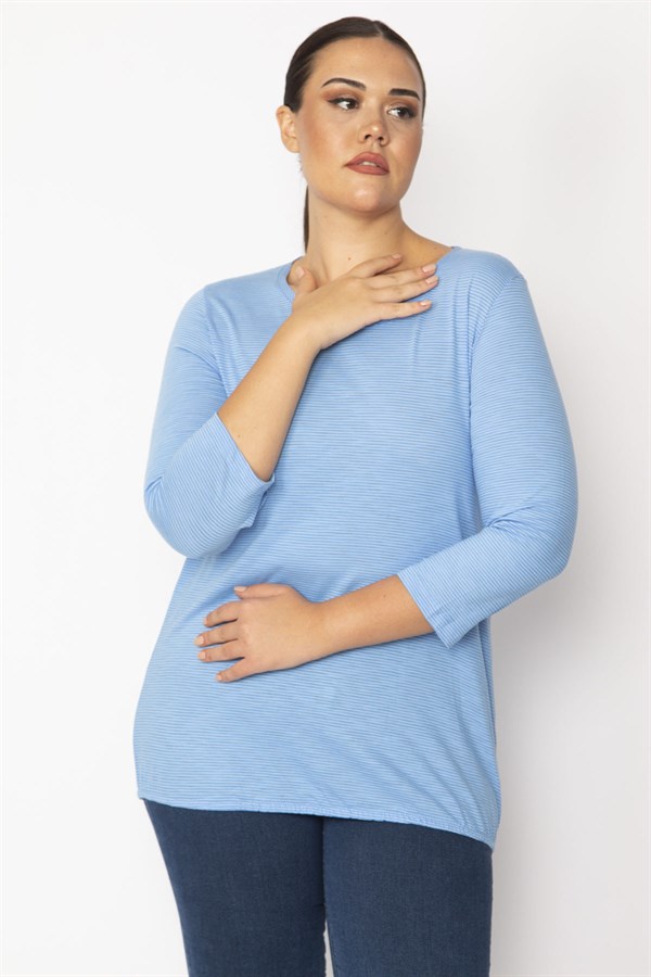 Kadın Mavi Etek Ucu Lastik Detaylı Kapri Kol İnce Çizgili Bluz 65N34394