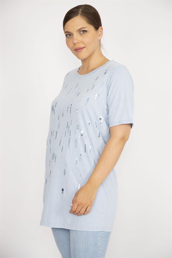 Kadın Büyük Beden Bebe Mavisi Payet Ve Taş İşli Bisiklet Yakalı Bluz