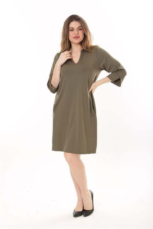 Kadın Büyük Beden Haki V Yakalı Cepli Krep Elbise 65N37658