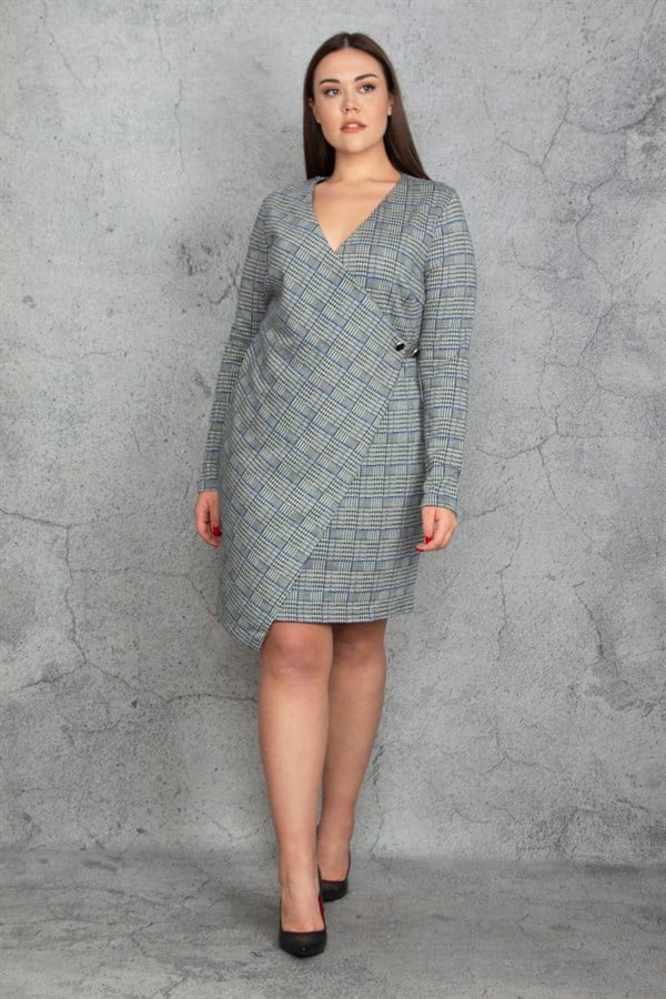 KADIN GRİ EKOSE DESENLİ BEL DETAYLI ANVELOP ASTARLI ELBİSE