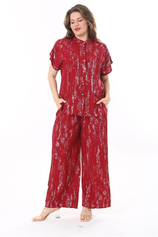 Kadın Büyük Beden Bordo Ön Düğmeli Bluz Beli Lastikli Panyolon İkili Takım 65N37971