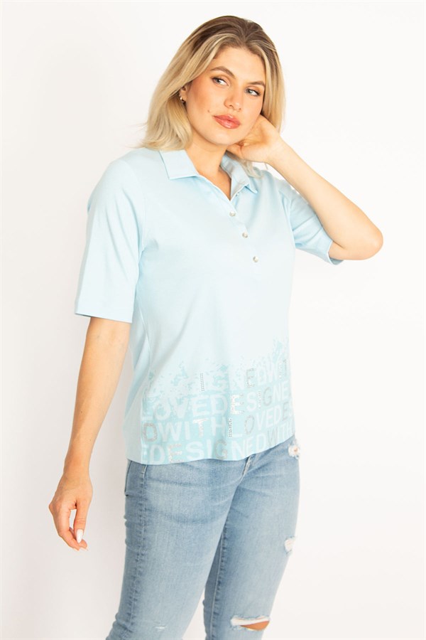 Kadın Haki Polo Yaka Pat Düğmeli Sim Ve Taş Detaylı Bluz 65N34521