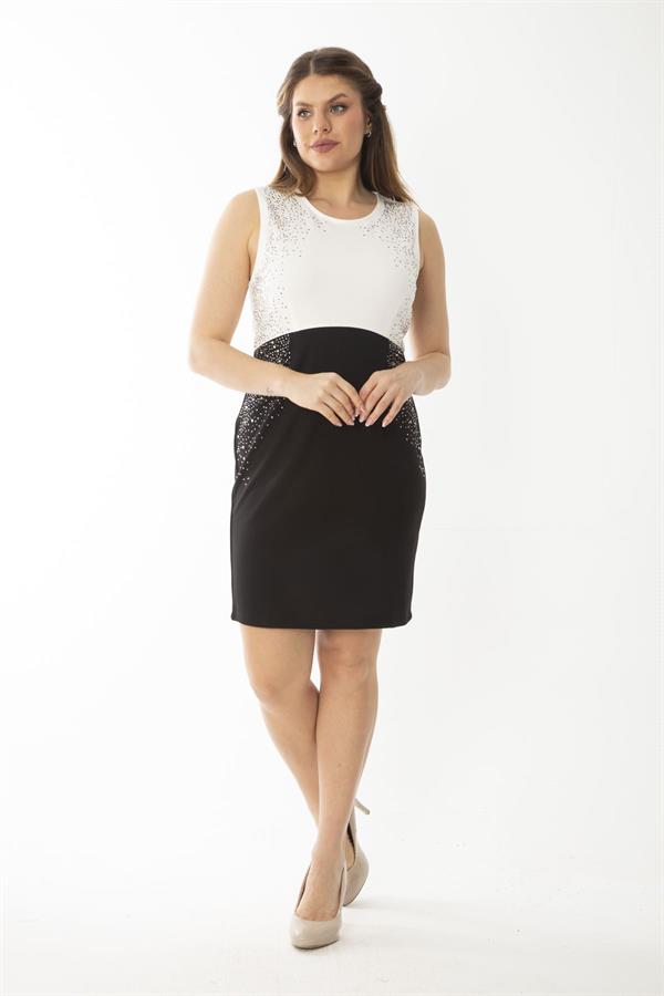 KADIN SİYAH TAŞ DETAYLI ELBİSE