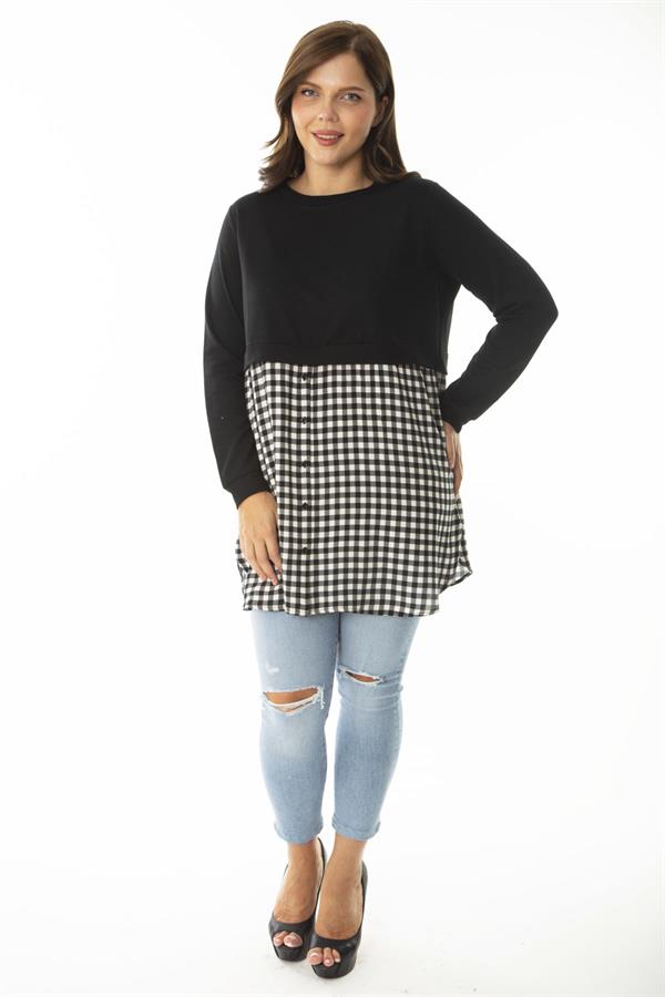 Kadın Büyük Beden Siyah Alt Kısmı Ekose Desen Ve Düğmeli Tunik 65N36961