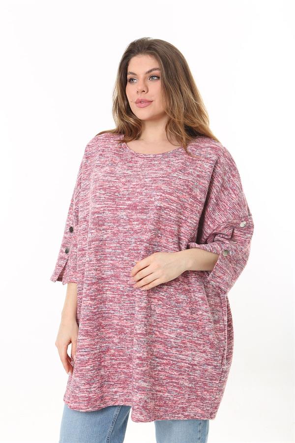 Kadın Büyük Beden Yeşil Kolları Süs Metal Düğmeli Kırçıllı Kalın Tunik 65N37403