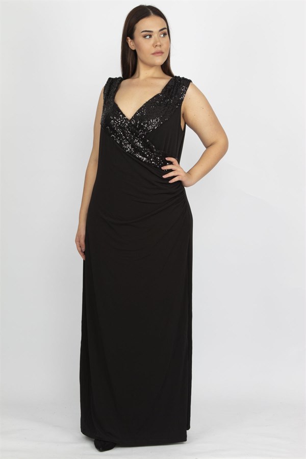 Kadın Siyah Payet Detaylı Anvelop Abiye Elbise 65N34786