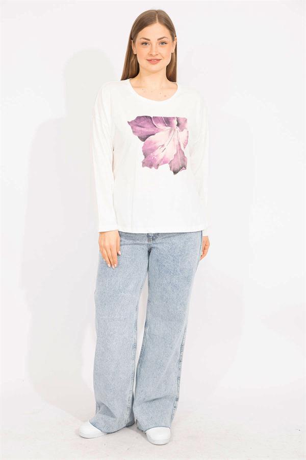 Kadın Kemik Büyük Beden Pamuklu Kumaş Kapri Kol Baskılı Bluz 65N35563