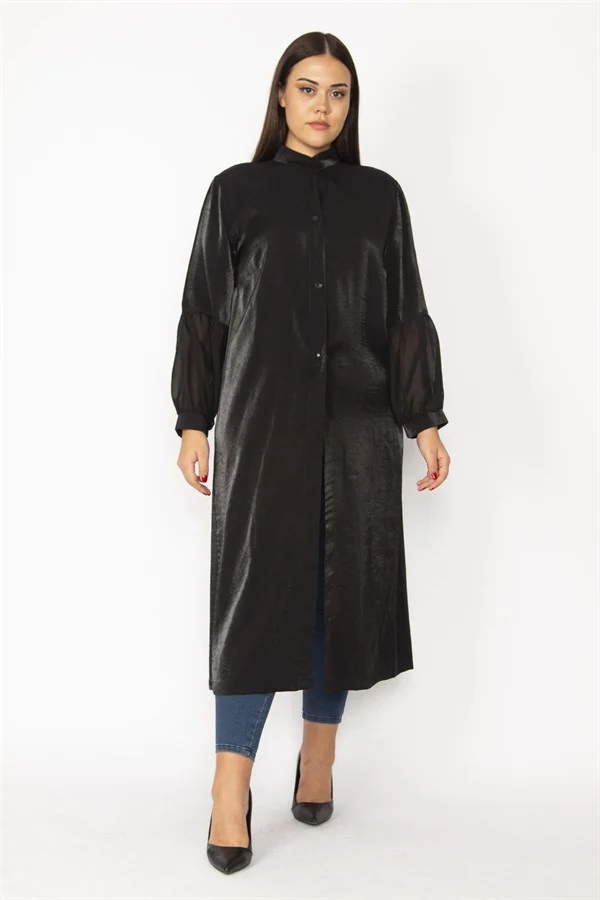 Kadın Siyah Simli Kumaş Kol Ağzı Şifon Detaylı Hakim Yaka Ön Düğmeli Uzun Kap 65N28483