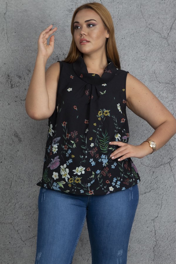 Kadın Siyah Yaka Detaylı Etek Ucu Lastik Detaylı Kolsuz Çiçek Desenli Bluz
