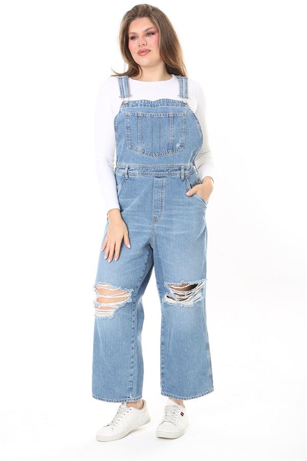 Kadın Büyük Beden Mavi Yırtık Detaylı Kot Salopet 65N37889