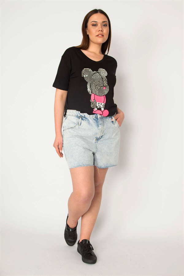 KADIN MAVİ YIKAMA EFEKTLİ PAÇASI PİS DİKİŞLİ JEAN ŞORT