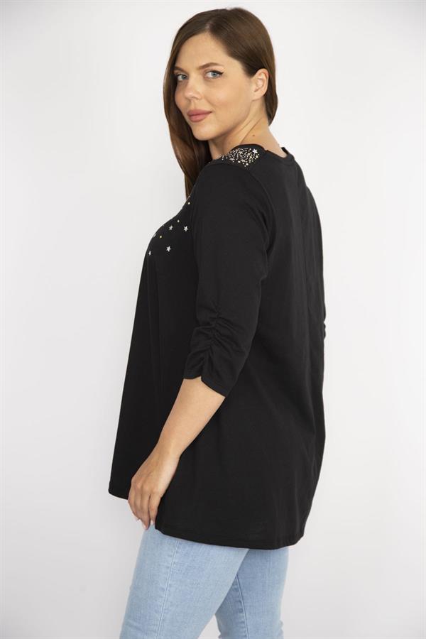 Kadın Siyah Büyük Beden Taş İşli V Yaka Kolu Lastik Büzgülü Bluz