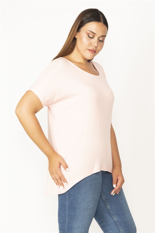 Kadın Pembe Bisiklet Yakalı Arkası Uzun Kısa Kollu Viskpn Bluz 65N27529