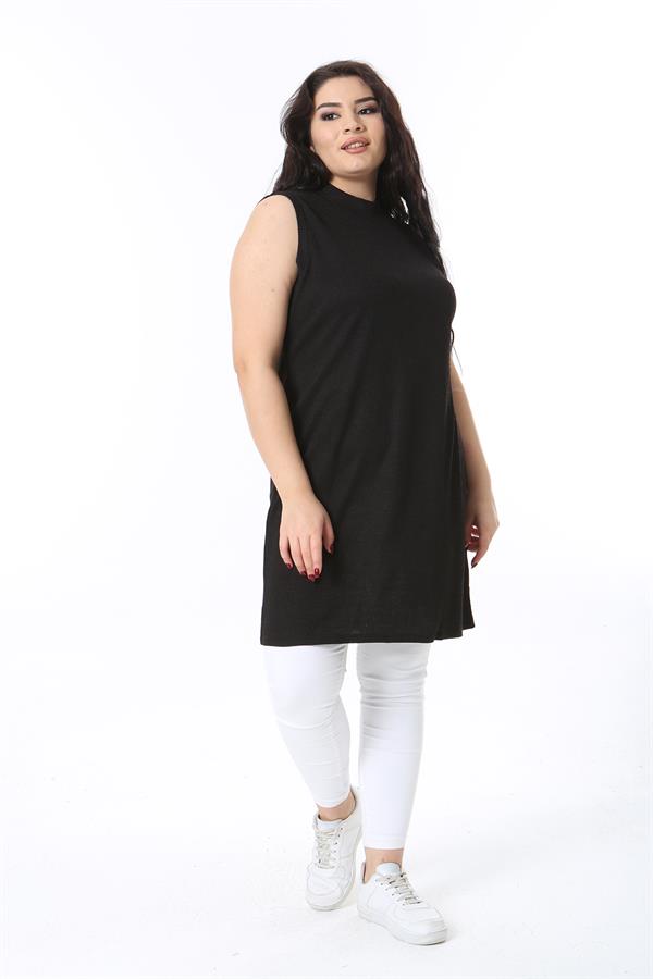 Kadın Büyük Beden Siyah Kaşkorse Kolsuz Uzun Tunik 65N38703