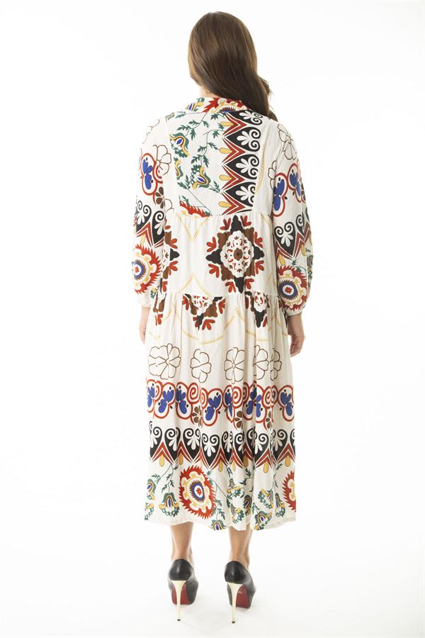 Kadın Büyük Beden Saks Dokuma Viskon Kumaş Ön Yarım Düğmeli Uzun Kollu Elbise 65N36886