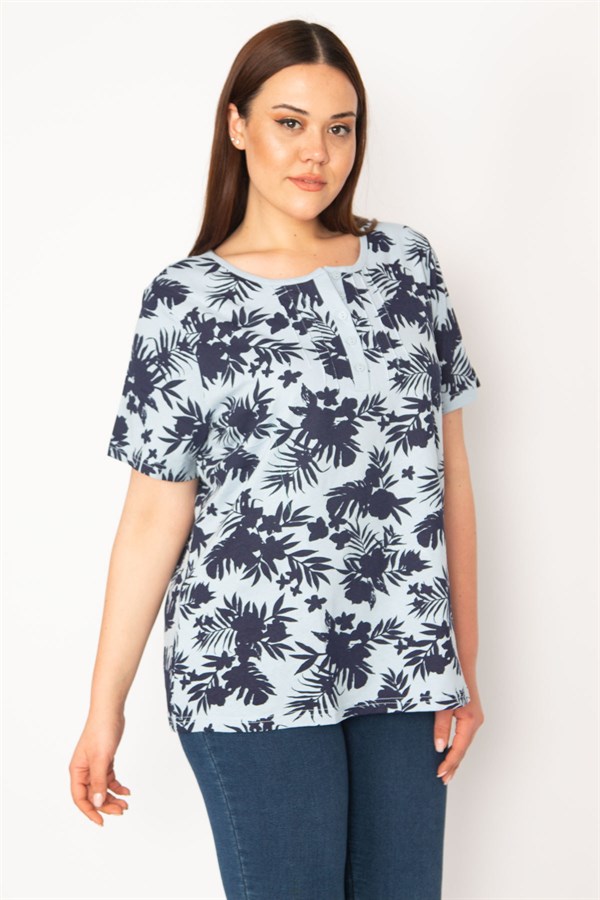 KADIN MAVİ PAMUKLU KUMAŞ NERVÜR DİKİŞLİ PATI DÜĞMELİ BLUZ