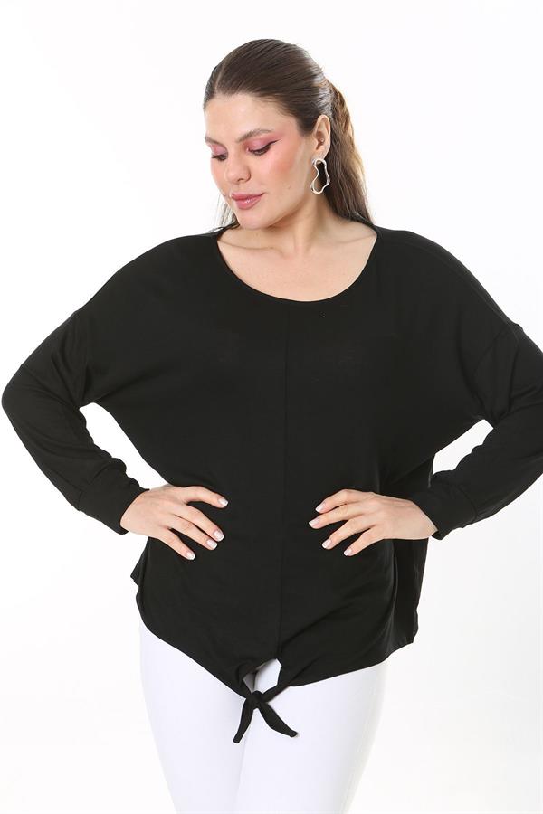Kadın Büyük Beden Saks Önden Bağlamalı Uzun Kollu Bluz 65N37695