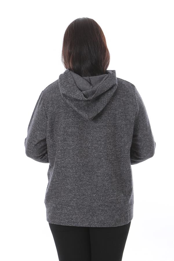Kadın Büyük Beden Antrasit Yün Viskon Kumaş Kapşonlu Sweatshirt 65N38520
