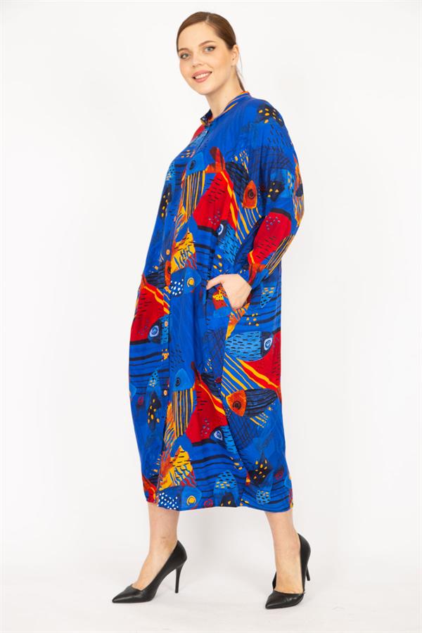 Kadın Fujya Büyük Beden Dokuma Viskon Kumaş Ön Boy Düğmeli Elbise