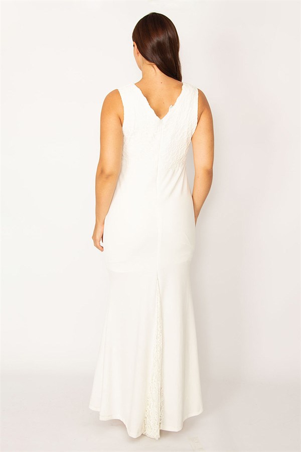 Kadın Kemik Üst Kısmı Ve Arka Yırtmacı Dantel Detaylı Krep Kumaş Uzun Abiye Elbise 65N34153