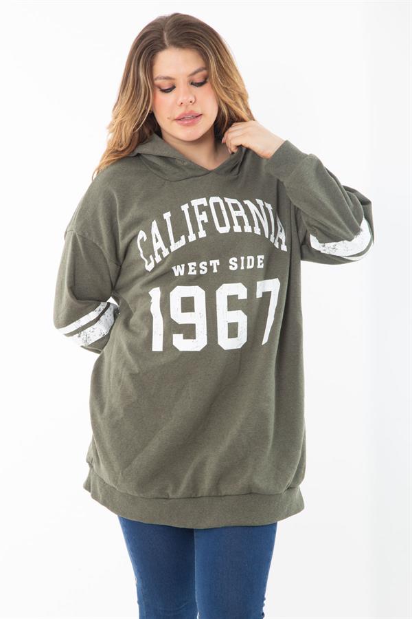 Kadın Büyük Beden Haki İçi Şardonlu Üç İplik Kapşonlu Sweatshirt 65N37290